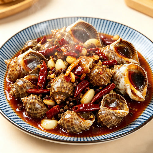 Spicy stir-fried sea whelks on a blue rimmed plate