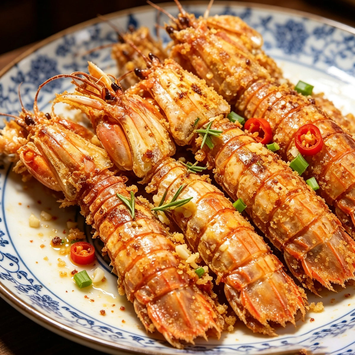 Salt and pepper mantis shrimp on a blue plate