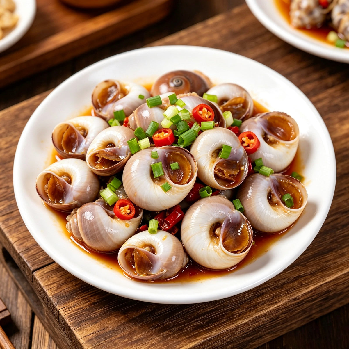 Sliced moon snail meat tossed in a light sauce