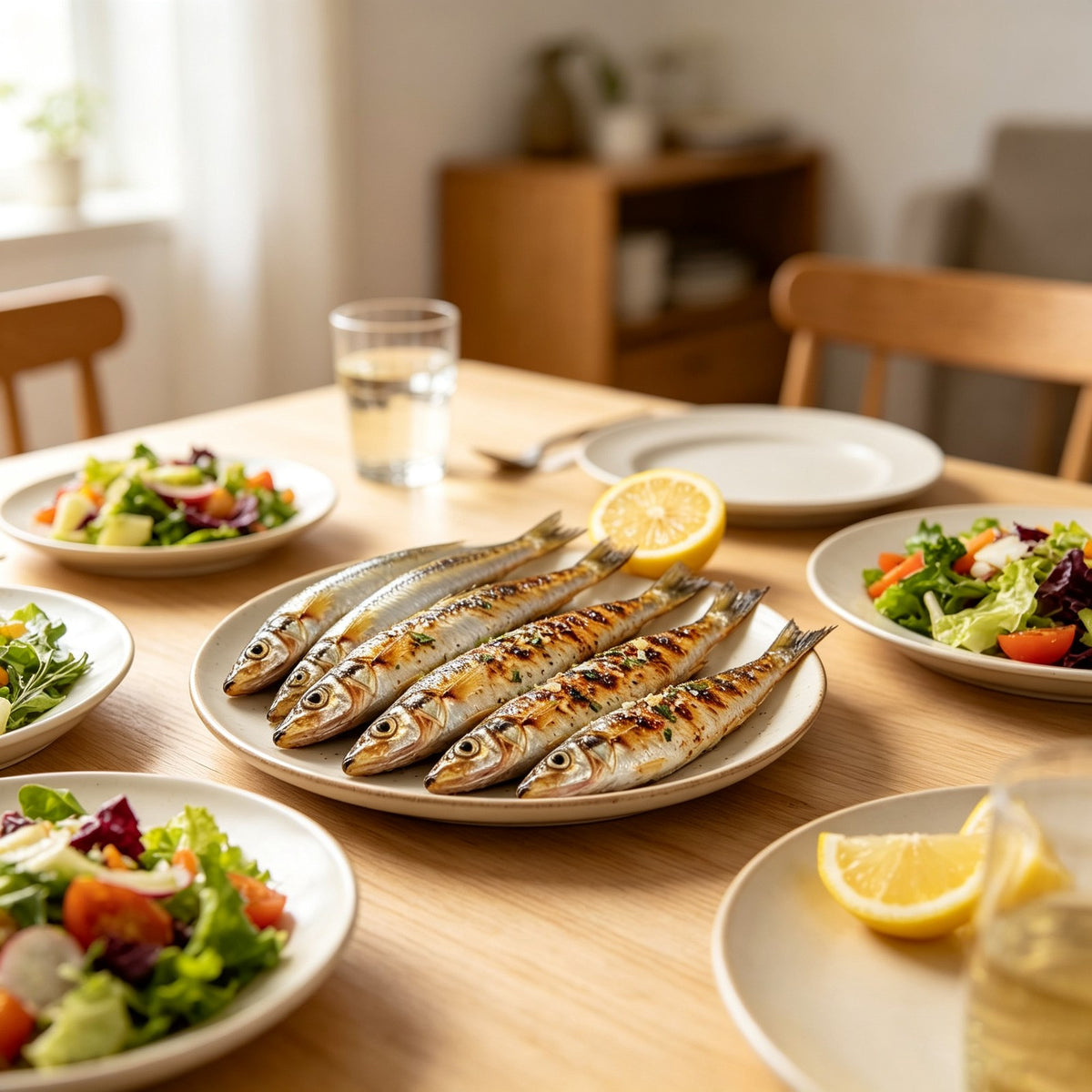 Pan-fried whitebait smelt plated with salad