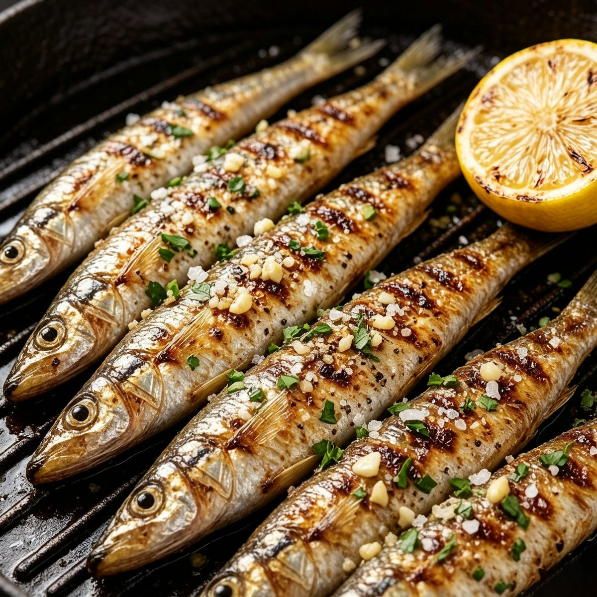Grilled whitebait smelt with herbs and lemon