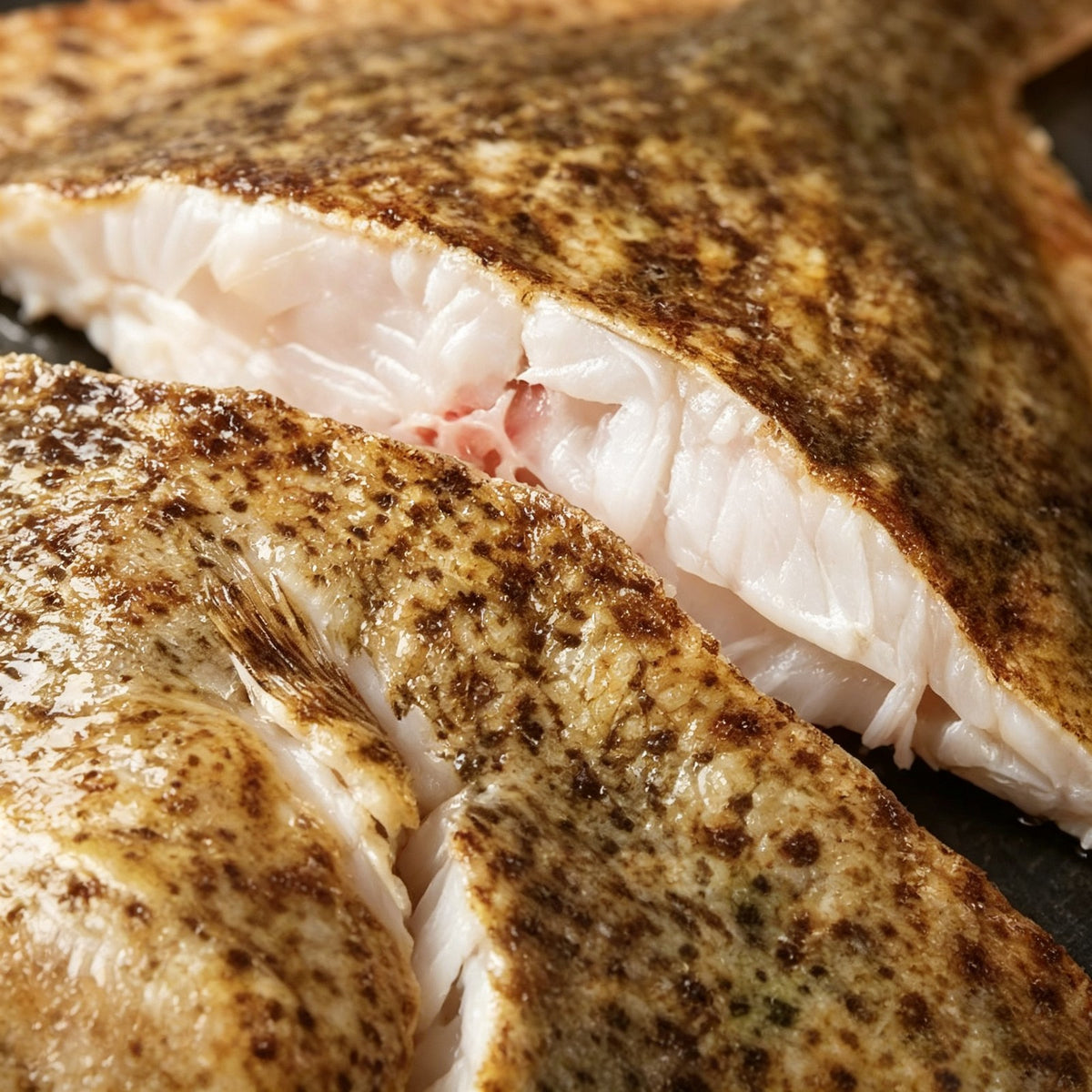 Close-up of cooked turbot skin and white flesh
