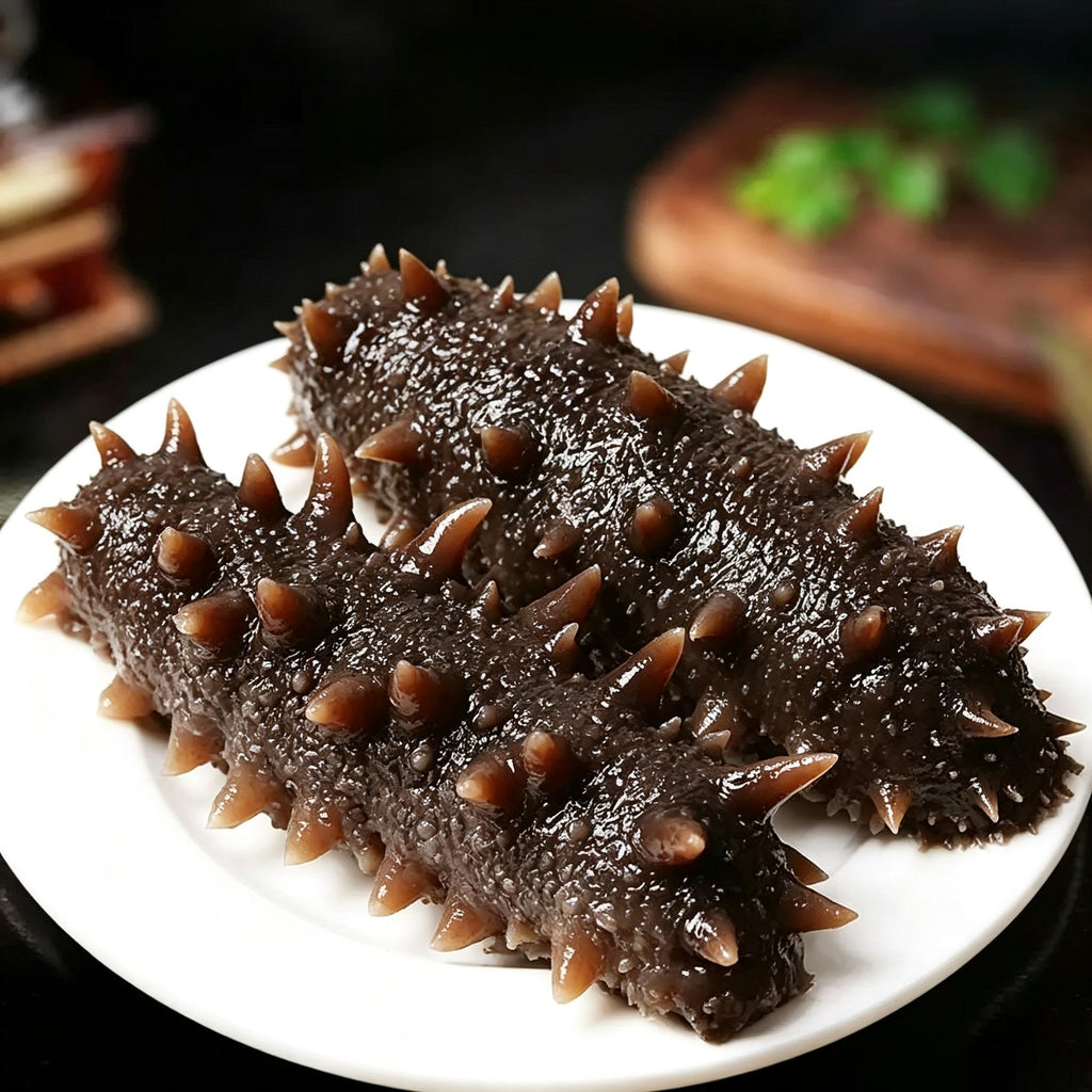 Sea cucumbers on a white plate with herbs