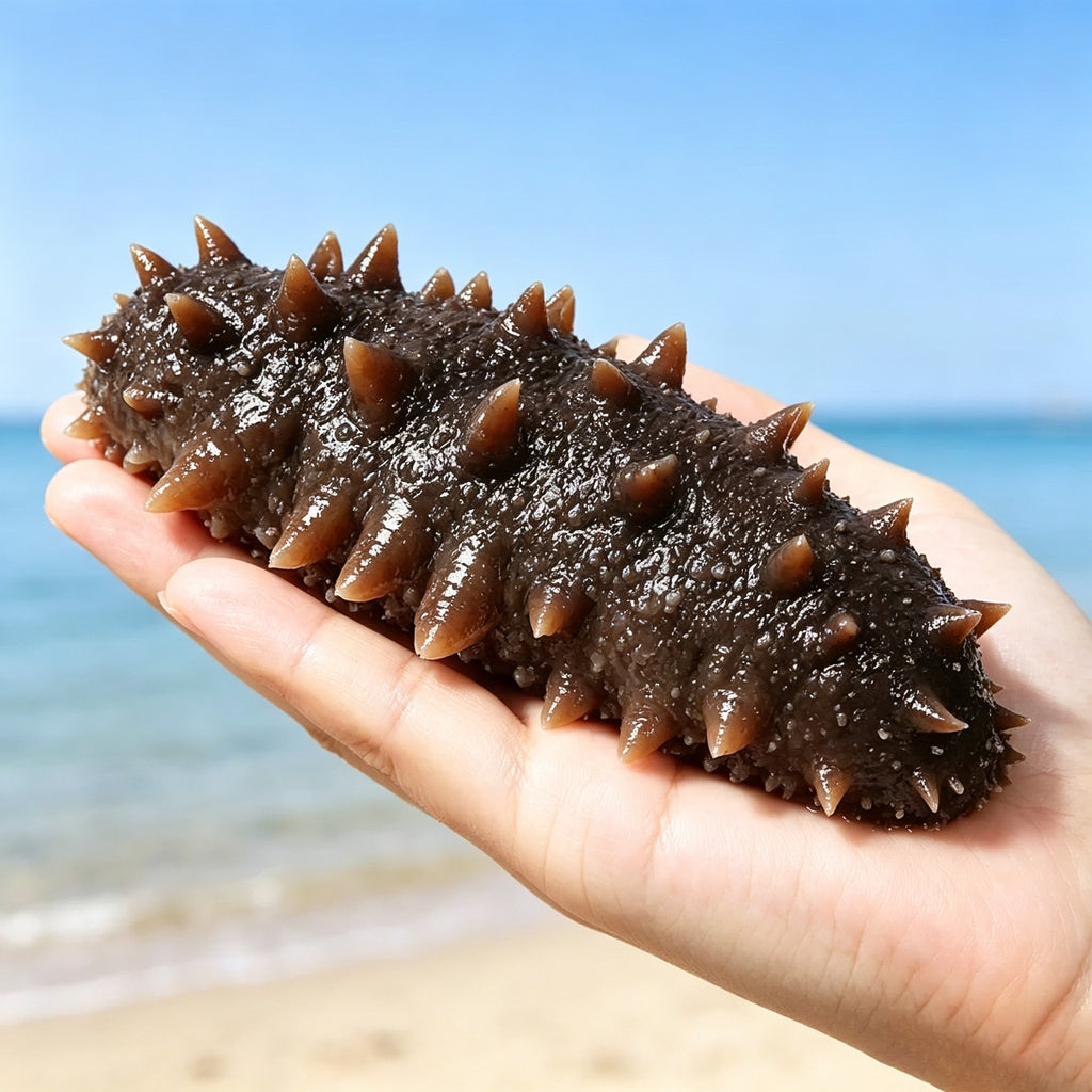Sea cucumber held over a beach background